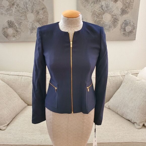 Calvin Klein Twill Zipper-Front Jacket size 4 Petite in Navy - NEW - Picture 5 of 14